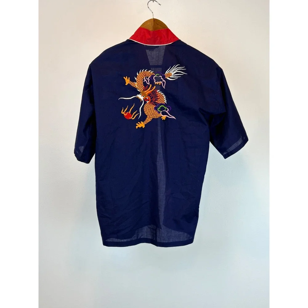 Duckling Kimono Robe Kids Size 10 Navy Blue Dragon Embroidered Kanji Vintage
